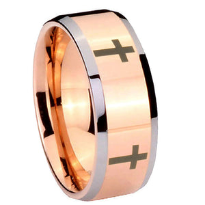 10mm Crosses Beveled Edges Rose Gold Tungsten Carbide Personalized Ring