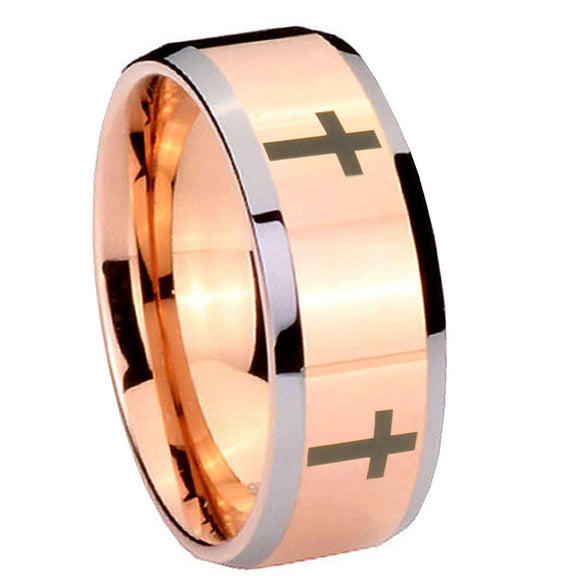 10mm Crosses Beveled Edges Rose Gold Tungsten Carbide Personalized Ring