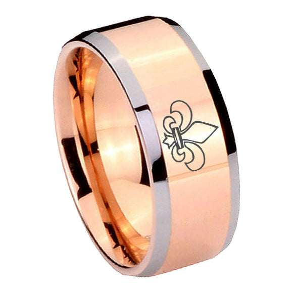 10mm Fleur De Lis Beveled Edges Rose Gold Tungsten Wedding Bands Ring