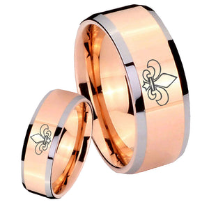 His Hers Fleur De Lis Beveled Edges Rose Gold Tungsten Rings for Men Set