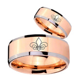 His Hers Fleur De Lis Beveled Edges Rose Gold Tungsten Rings for Men Set