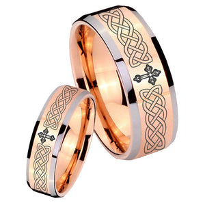 His Hers Celtic Cross Beveled Edges Rose Gold Tungsten Personalized Ring Set