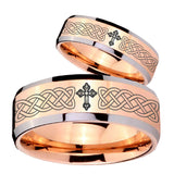 His Hers Celtic Cross Beveled Edges Rose Gold Tungsten Personalized Ring Set