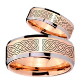 His and Hers Celtic Knot Beveled Edges Rose Gold Tungsten Promise Ring Set