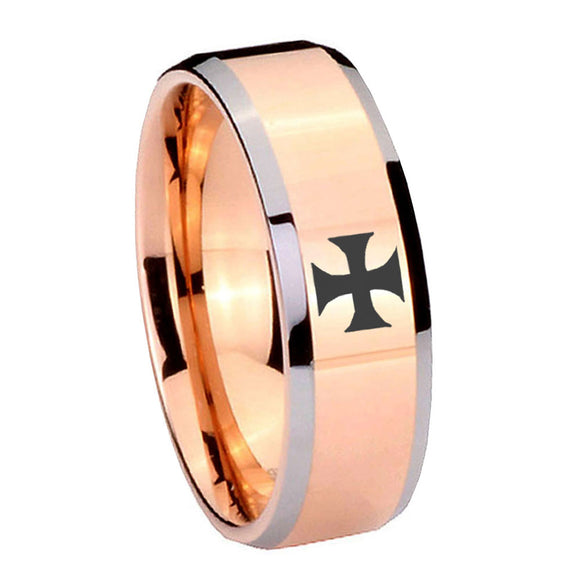 10mm Maltese Cross Beveled Edges Rose Gold Tungsten Wedding Engagement Ring