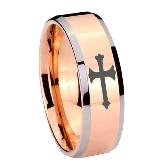 10mm Christian Cross Beveled Edges Rose Gold Tungsten Carbide Anniversary Ring