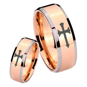 His Hers Christian Cross Beveled Edges Rose Gold Tungsten Wedding Bands Ring Set