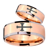 His Hers Christian Cross Beveled Edges Rose Gold Tungsten Wedding Bands Ring Set
