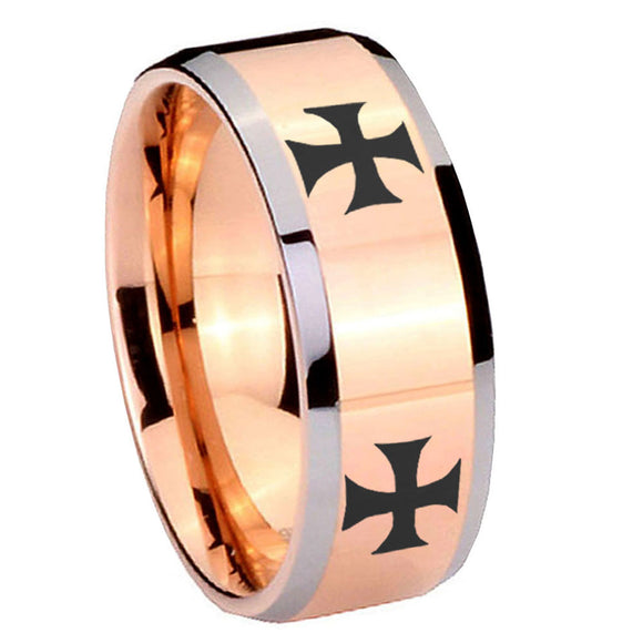 10mm 4 Maltese Cross Beveled Edges Rose Gold Tungsten Men's Wedding Ring