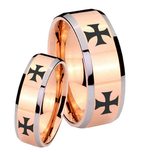 His Hers 4 Maltese Cross Beveled Edges Rose Gold Tungsten Mens Band Set