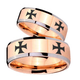 His Hers 4 Maltese Cross Beveled Edges Rose Gold Tungsten Mens Band Set