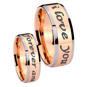 His Hers I Love You Forever and ever Beveled Rose Gold Tungsten Wedding Ring Set