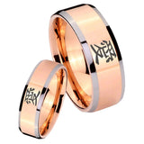 His Hers Kanji Love Beveled Edges Rose Gold Tungsten Wedding Engraving Ring Set