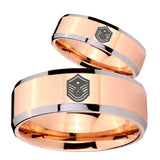 His Hers Chief Master Sergeant Vector Beveled Rose Gold Tungsten Mens Ring Set