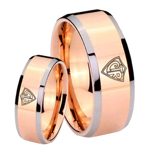 Bride and Groom CTR Beveled Edges Rose Gold Tungsten Bands Ring Set