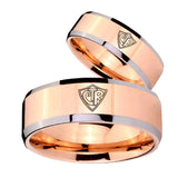 Bride and Groom CTR Beveled Edges Rose Gold Tungsten Bands Ring Set