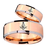 His Hers Master Mason Beveled Edges Rose Gold Tungsten Custom Ring for Men Set