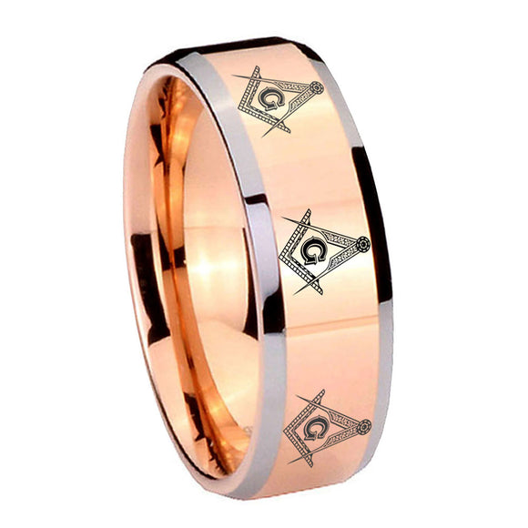 10mm Multiple Master Mason Beveled Edges Rose Gold Tungsten Men's Band Ring