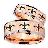 His Hers Multiple Fleur De Lis Beveled Rose Gold Tungsten Men's Ring Set