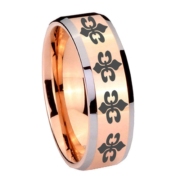 10mm Multiple Fleur De Lis Beveled Edges Rose Gold Tungsten Wedding Bands Ring