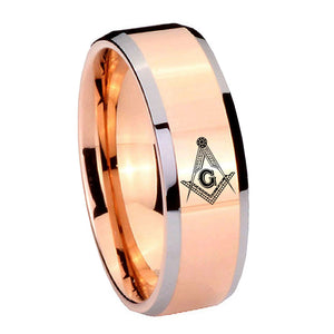 10mm Master Mason Masonic Beveled Rose Gold Tungsten Men's Engagement Band