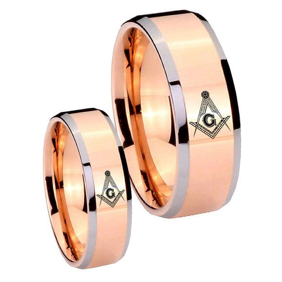 His Hers Master Mason Masonic Beveled Edges Rose Gold Tungsten Mens Bands Ring Set