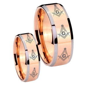 His Hers Multiple Master Mason Masonic Beveled Rose Gold Tungsten Bands Ring Set