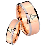 His Hers Masonic Beveled Edges Rose Gold Tungsten Men's Wedding Ring Set