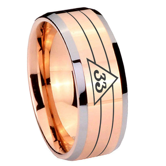 10mm Masonic 32 Duo Line Freemason Beveled Edges Rose Gold Tungsten Carbide Personalized Ring