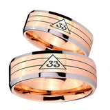 His Hers Masonic 32 Duo Line Freemason Beveled Edges Rose Gold Tungsten Men's Wedding Band Set