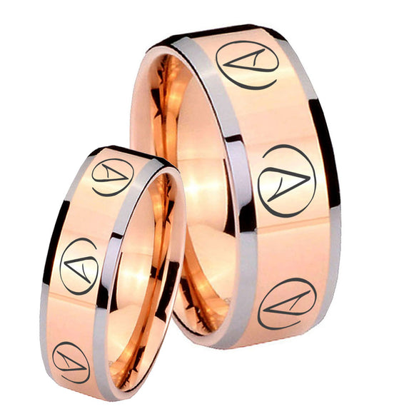 His Hers Atheist Design Beveled Rose Gold Tungsten Mens Ring Set