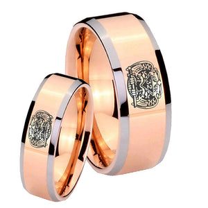 His Hers Masonic 32 Degree Freemason Beveled Edges Rose Gold Tungsten Men's Wedding Band Set