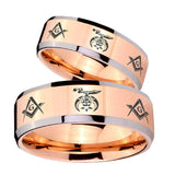 His Hers Masonic Shriners Beveled Edges Rose Gold Tungsten Wedding Band Ring Set