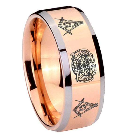 10mm Masonic 32 Design Beveled Edges Rose Gold Tungsten Carbide Rings for Men