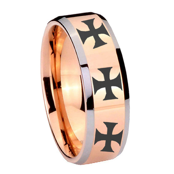 10mm Multiple Maltese Cross Beveled Rose Gold Tungsten Mens Engagement Ring