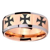 10mm Multiple Maltese Cross Beveled Rose Gold Tungsten Mens Engagement Ring