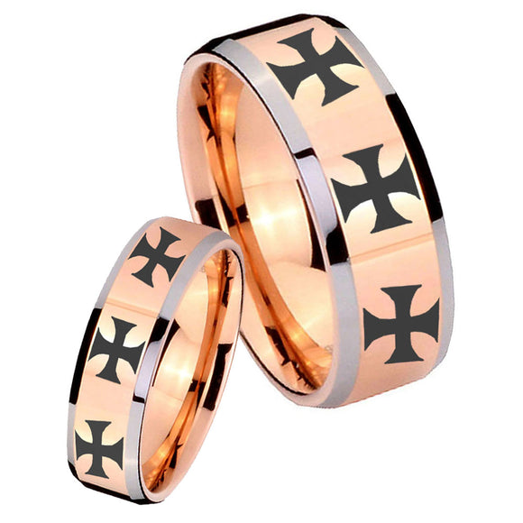 His Hers Multiple Maltese Cross Beveled Rose Gold Tungsten Men's Bands Ring Set