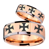 His Hers Multiple Maltese Cross Beveled Rose Gold Tungsten Men's Bands Ring Set