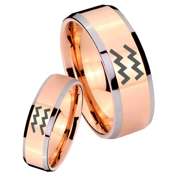 His Hers Aquarius Horoscope Beveled Edges Rose Gold Tungsten Custom Mens Ring Set