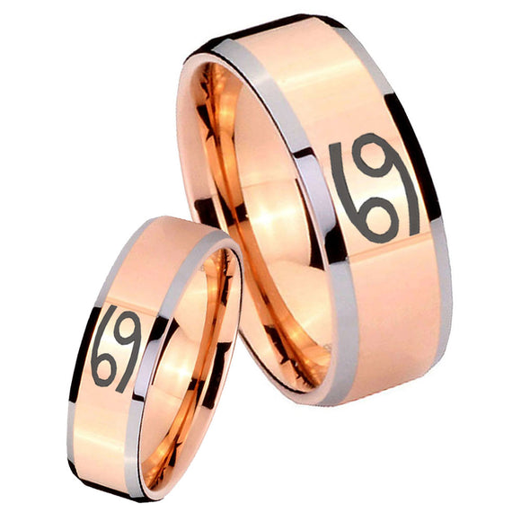 His Hers Cancer Horoscope Beveled Edges Rose Gold Tungsten Engagement Ring Set