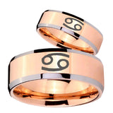 His Hers Cancer Horoscope Beveled Edges Rose Gold Tungsten Engagement Ring Set