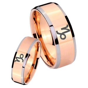 His Hers Capricorn Zodiac Beveled Edges Rose Gold Tungsten Engraved Ring Set