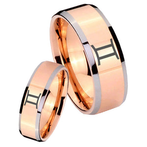 His Hers Gemini Zodiac Beveled Edges Rose Gold Tungsten Men's Ring Set