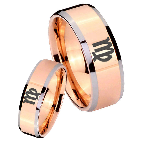 His Hers Virgo Zodiac Beveled Edges Rose Gold Tungsten Men's Engagement Ring Set
