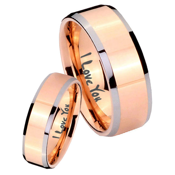 His Hers I Love You Beveled Edges Rose Gold Tungsten Mens Engagement Band Set