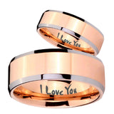 His Hers I Love You Beveled Edges Rose Gold Tungsten Mens Engagement Band Set