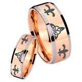 His Hers Celtic Triangle Fleur De Lis Beveled Rose Gold Tungsten Men's Band Set