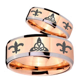 His Hers Celtic Triangle Fleur De Lis Beveled Rose Gold Tungsten Men's Band Set