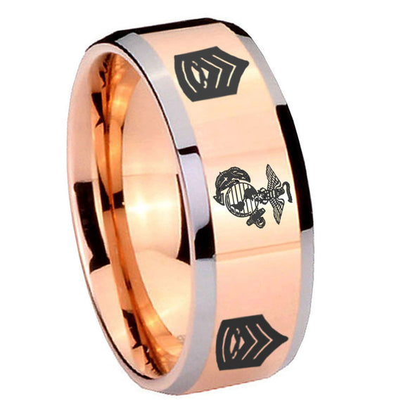 10mm Marine Army Sergeant Beveled Edges Rose Gold Tungsten Wedding Engagement Ring