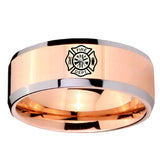 10mm Fire Department Beveled Edges Rose Gold Tungsten Carbide Mens Ring